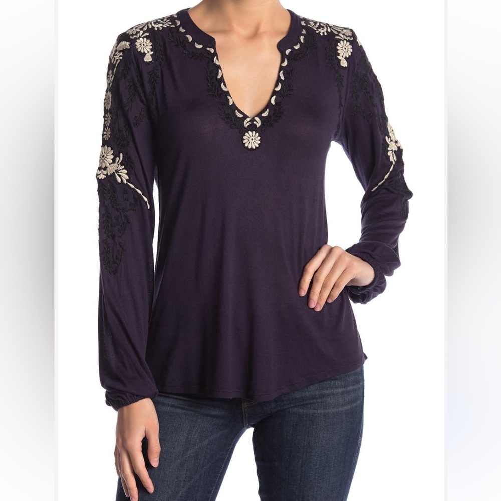 Lucky Brand tan Embroidered Dark Blue Boho Top long bell sleeves blouse Sz XS